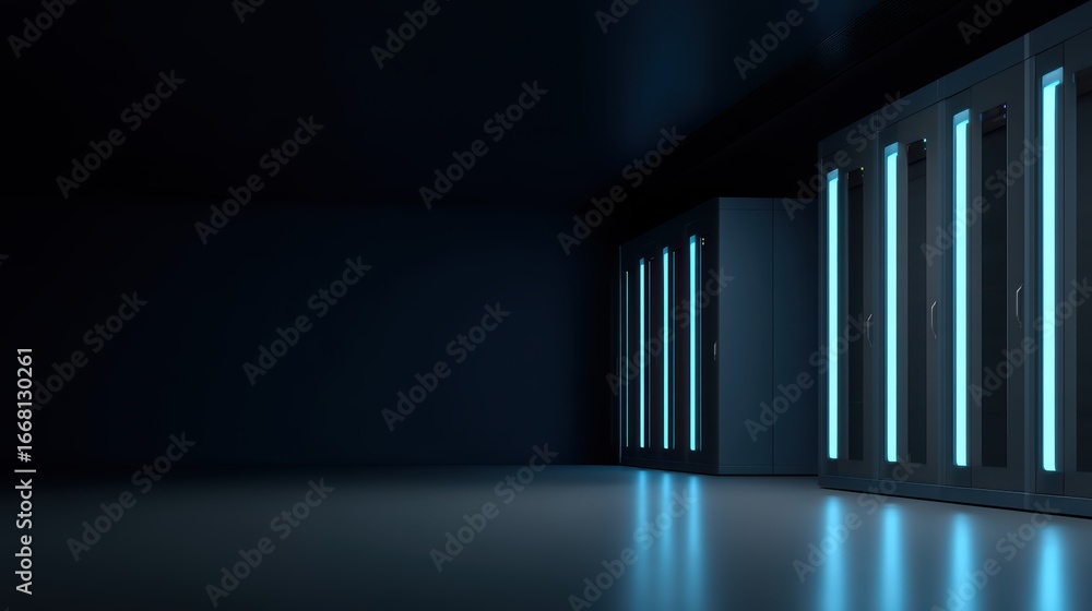 Poster dark server room with illuminated cabinets and soft floor reflections in high-tech environment