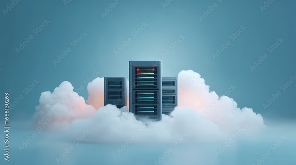 Poster cloud computing concept with data servers surrounded by soft white clouds in blue background