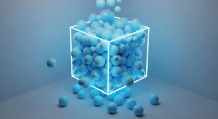 3d illustration of abstract blue spheres inside a glowing cube, geometric composition, futuristic concept, data visualization