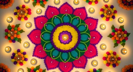 Vibrant rangoli decoration with colorful flowers and diyas during diwali festival, intricate floral pattern with warm lighting, traditional indian art form for celebration and auspicious occasions