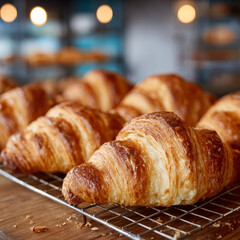 Freshly baked croissants on a cooling rack in a bakery.