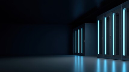 Naklejka premium Dark Server Room with Illuminated Cabinets and Soft Floor Reflections in High-Tech Environment
