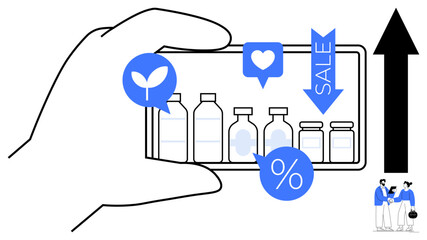 Hand holding smartphone with product bottles, eco-friendly, sales, and growth icons. Ideal for e-commerce, marketing, eco-awareness, digital strategy retail analytics online shopping. Simple flat