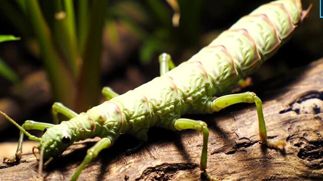 A detailed closeup of a green stick insect, also known as a phasma or walking stick, perched on a textured piece of wood amidst lush green foliage