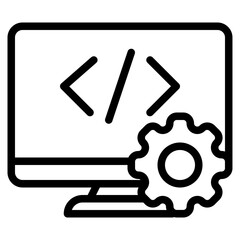 Icon of code brackets with gear, ideal for software development, IT tools, or tech marketing.
