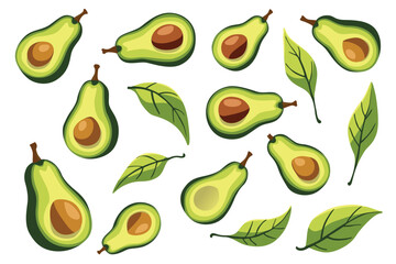 Flat vector illustration of avocados and green leaves, whole and sliced with seed, healthy tropical fruit design isolated on white background