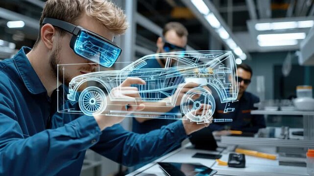 Automotive model development: digital engine, designer vision, planner plan, engineer skill, creative concept, technical structure, modern prototype, mechanical system, virtual build, industry process