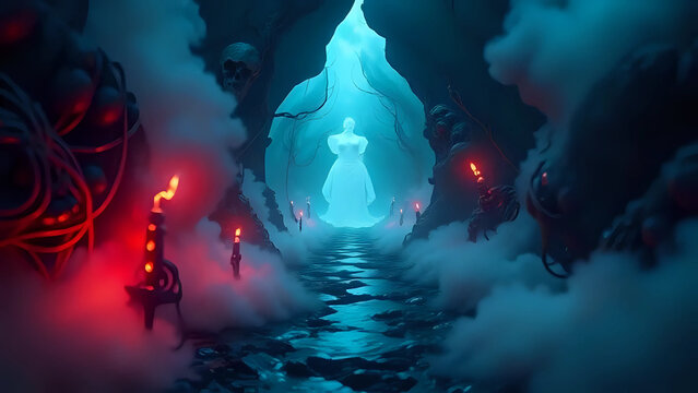 Ethereal glowing figure in a mysterious, foggy, and dark tunnel