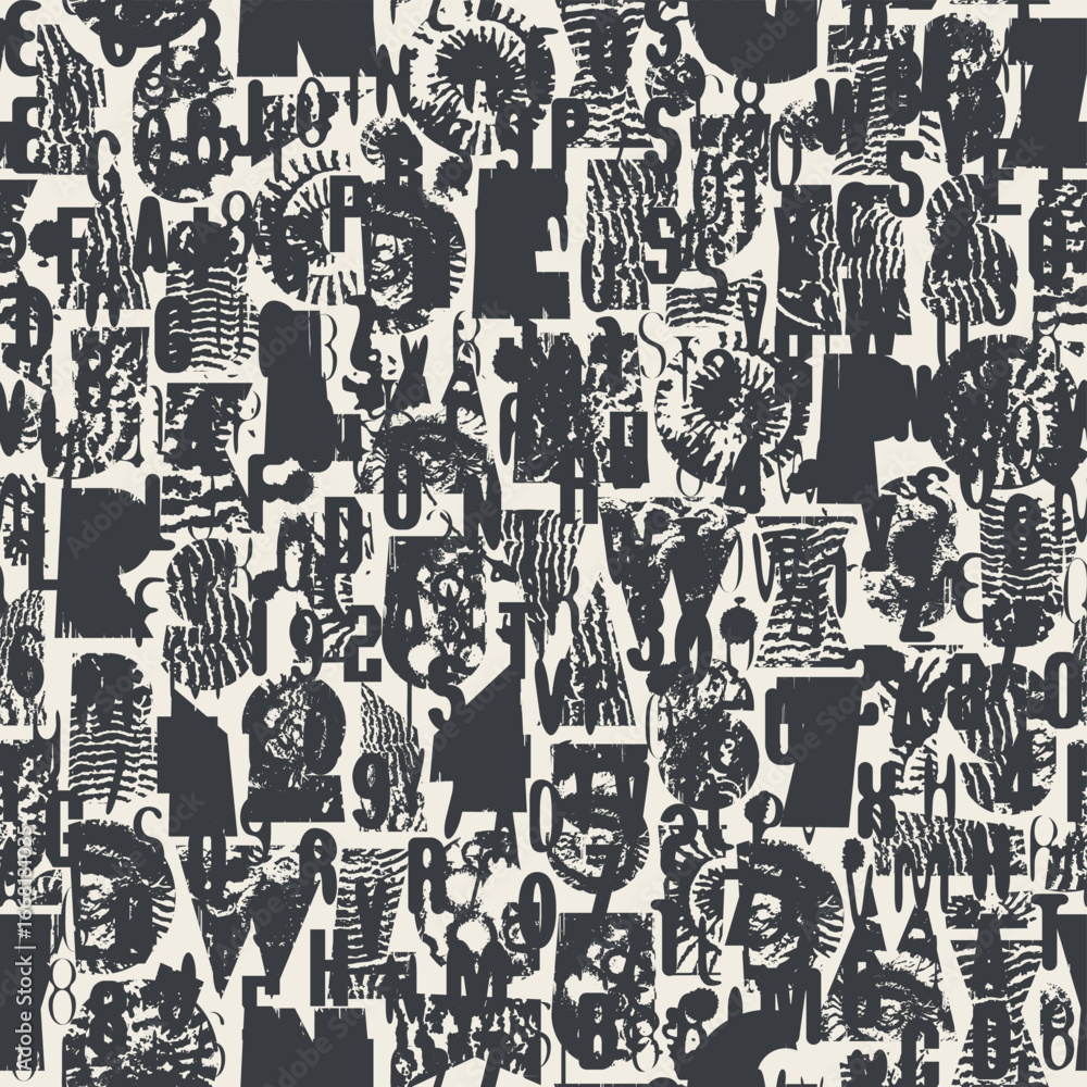 Poster abstract vector seamless pattern with font consisting of geometric shapes with texture, shells on th