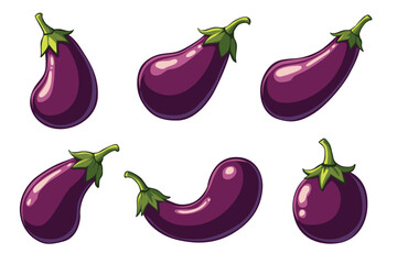 Flat vector illustration of purple eggplants with green stems, fresh organic vegetable design isolated on white background