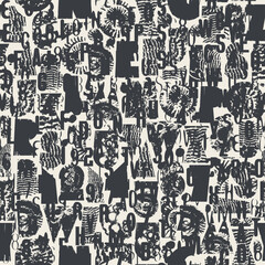 Abstract vector seamless pattern with font consisting of geometric shapes with texture, shells on the theme of paleontology. Fabric, textile, t-shirt design, tiles, wallpaper, wrapping paper. No AI 