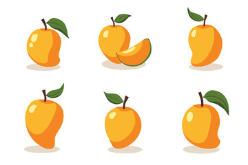 Flat vector illustration of mangoes, whole and sliced with green leaves, tropical exotic fruit design isolated on white background