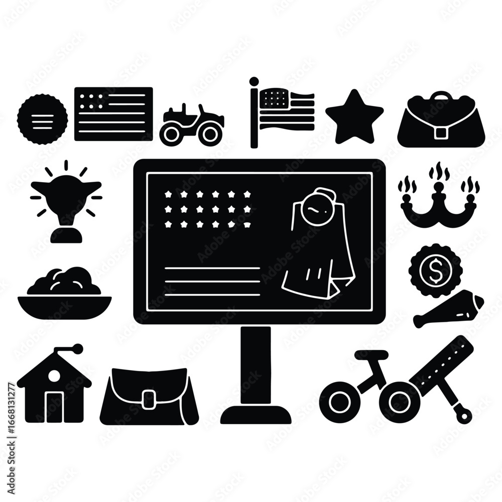 Poster collection of black and white icons representing diverse objects and concepts in a single flat desig