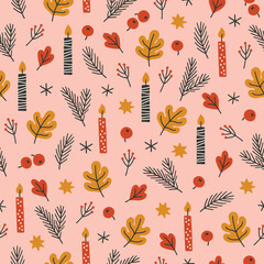 Autumn seamless pattern with leaves, fir branches, stars, candles, berries on pink background. Perfect for wallpaper, gift paper, holiday greeting cards. Vector hand drawn illustration