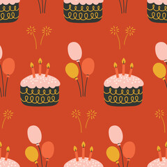 Holiday seamless pattern with big cakes, balloons, candles, firework on red background. Perfect for wallpaper, gift paper, greeting cards. Vector hand drawn illustration