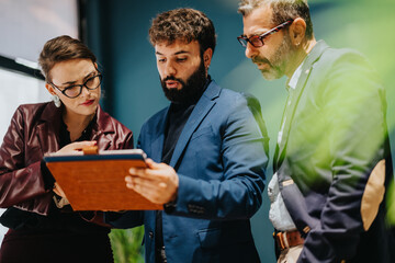 A group of three professionals engaged in a focused business meeting, demonstrating teamwork and...