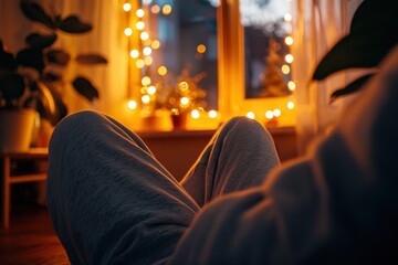 Cozy indoor scene featuring relaxed legs in comfortable sweatpants, surrounded by warm ambient light from fairy lights. Perfect for conveying sense of tranquility and comfort