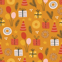 Holiday seamless pattern with gifts, balloons, donuts, stars, fir branches on yellow background. Perfect for wallpaper, gift paper, birthday greeting cards. Vector hand drawn illustration