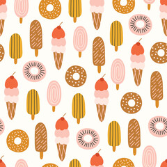 Food seamless pattern with ice cream, donuts and cherries on white background. Perfect for wallpaper, gift paper, holiday greeting cards. Vector hand drawn illustration