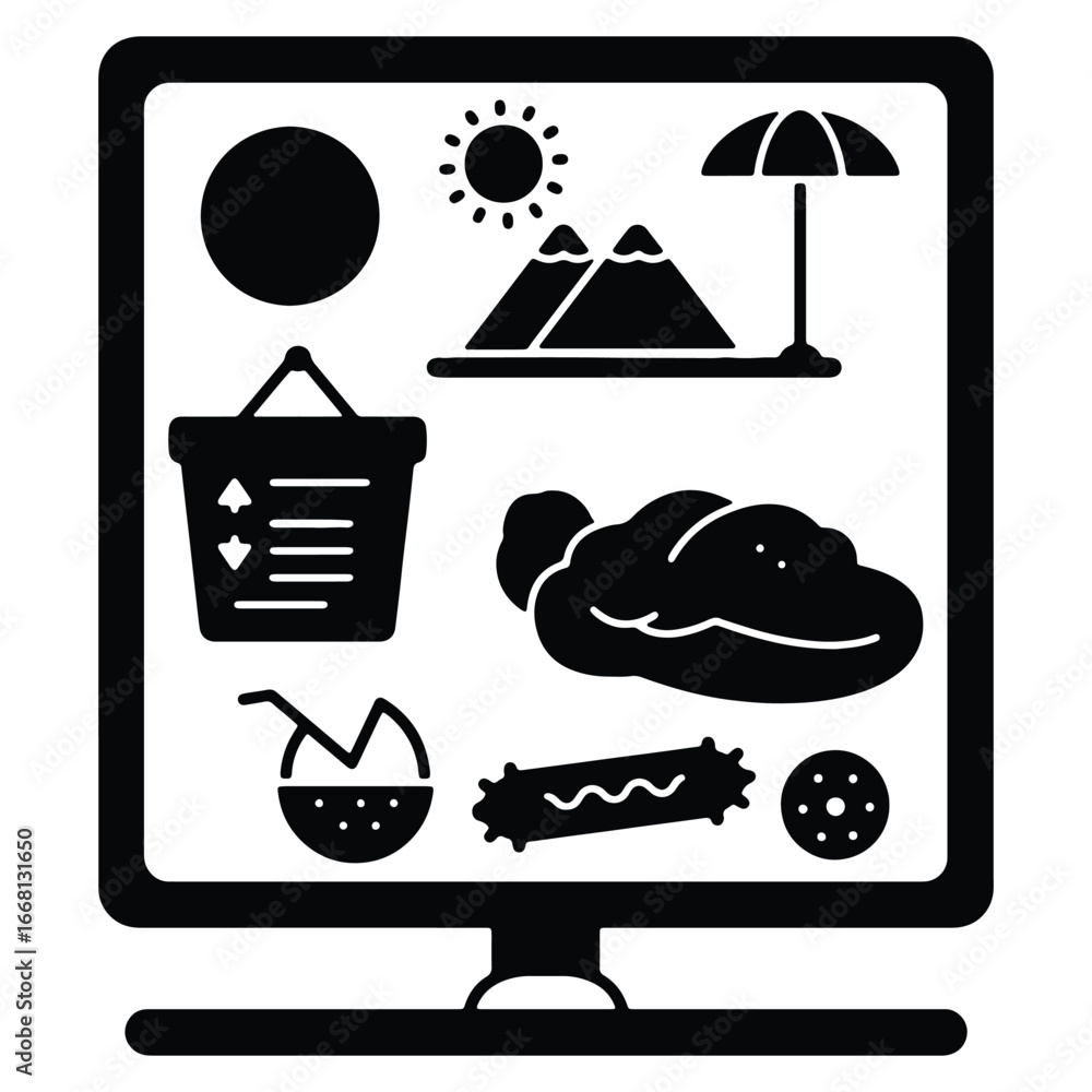 Poster computer screen displaying icons of travel related themes and objects suitable for tourism or vacati