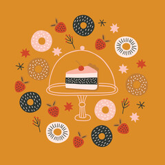 Holiday greeting card with piece of cake, donuts, strawberries, stars, berries on yellow background. Circle ornament. Perfect for birthday decorations. Vector child illustration