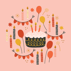 Holiday greeting card with cake, candles, balloons, stars, garlands on pink background. Circle ornament. Perfect for birthday decorations. Vector child illustration