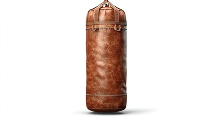 Rustic brown leather punching bag hangs suspended on bright white background