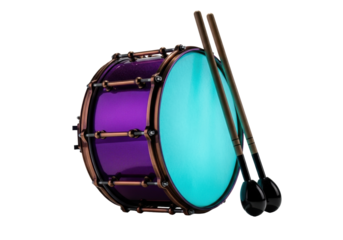 A single iridescent violet snare drum with a glowing cyan drumhead, antique copper rods, and obsidian beaters, isolated on a transparent background with sharp shadows, concept of mystical percussion