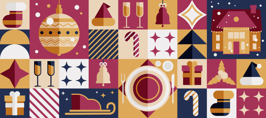 Modern flat geometric vector Christmas wallpaper with toys, socks, hats, ornaments, gifts, and holiday symbols in bright seasonal colors for festive banners design and decoration.