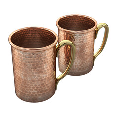 Hand-Hammered Copper Mug Set, A set of vintage-style hammered copper mugs with brass handles, isolated on a transparent background.
