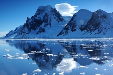 Scenic Antarctic Landscape with Snowy Mountains and Glaciers Reflected in Water