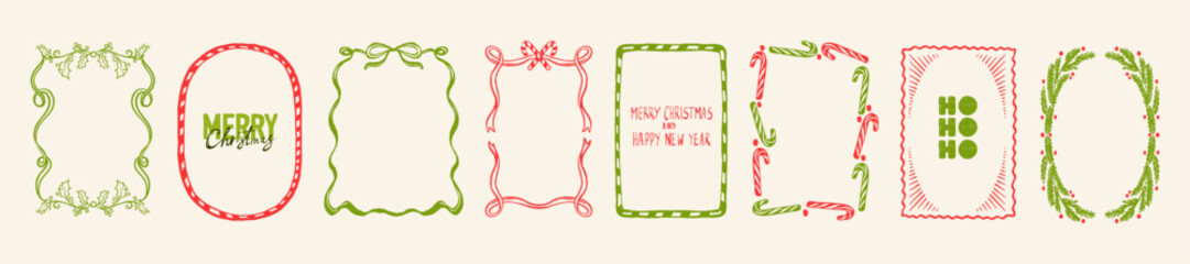 Christmas doodle frame, vector hand drawn New Year border set, winter holiday elegant decoration kit. Celebration ribbon bow wavy design, seasonal festive postcard print. Minimalist Christmas frame
