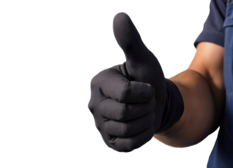 Close-up of a man's hand in a black glove showing a thumbs up, PNG, cutout background. Repair, workshop, auto mechanic