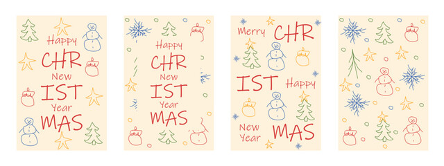 Children Merry Christmas and Happy New Year vector greeting card cover set. Kids scribble hand drawing Christmas poster cover collection. Perfect Naive simple scrawl Xmas art background.  EPS 10