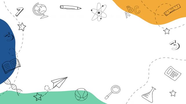 Back to school doodles border. School supplies and elements are drawn on a white notebook sheet. Hand-drawn looped animation. Copy space.