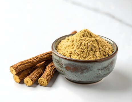 Licorice Roots (Mulethi) and Licorice Powder in Ceramic Bowl