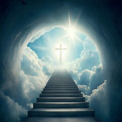 Stairs Leading To Cross Of Light At End Of Tunnel clouds