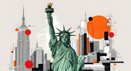 Fototapeta premium Statue of Liberty and Abstract Cityscape