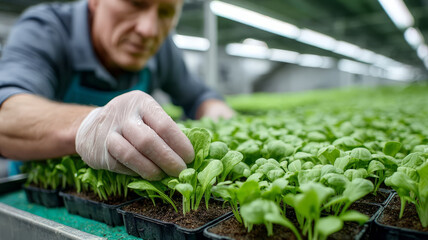 Man nurturing young seedlings in a greenhouse environment.