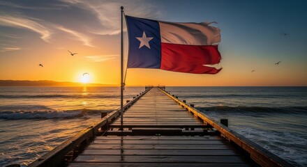 Lone Star Embrace Sunset: Texas Flag on Coastal Pier in Galveston Beach