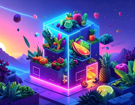 A vibrant, futuristic, neon-lit cube structure overflowing with fresh, organic fruits and vegetables.