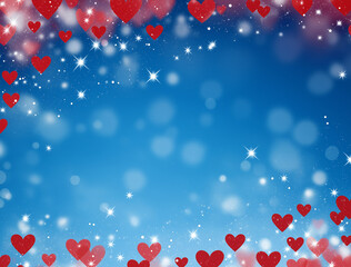 Red hearts and white sparkles on a blue background for valentine's day card