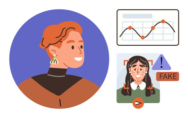 Person facing side, chart with trends, AI analyzing face, warning alert, deepfake detection interface. Ideal for AI, biometric security, innovation, detection technology analytics ethics