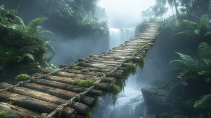 Misty jungle rope bridge