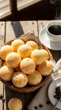Freshly baked Brazilian cheese bread balls in a rustic basket served with steaming hot black coffee, traditional breakfast setting with natural sunlight and cozy vibe