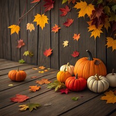 Thanksgiving Background - Pumpkins On Wooden Plank Ad Falling Leaves