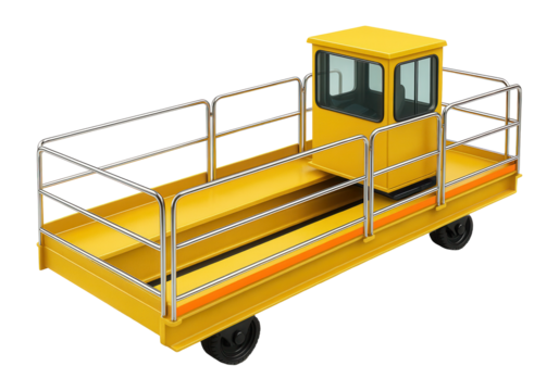 Yellow rail track layer with elevated operator cabin and multiple safety railings