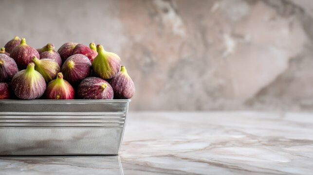 Fresh figs in metallic tray on marble surface ,National Fig Week