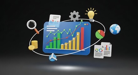 3d illustration of financial data analysis with charts, graphs, and business icons
