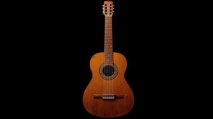 Fototapeta premium Classical guitar, strings visible, front-facing view, set against a black background